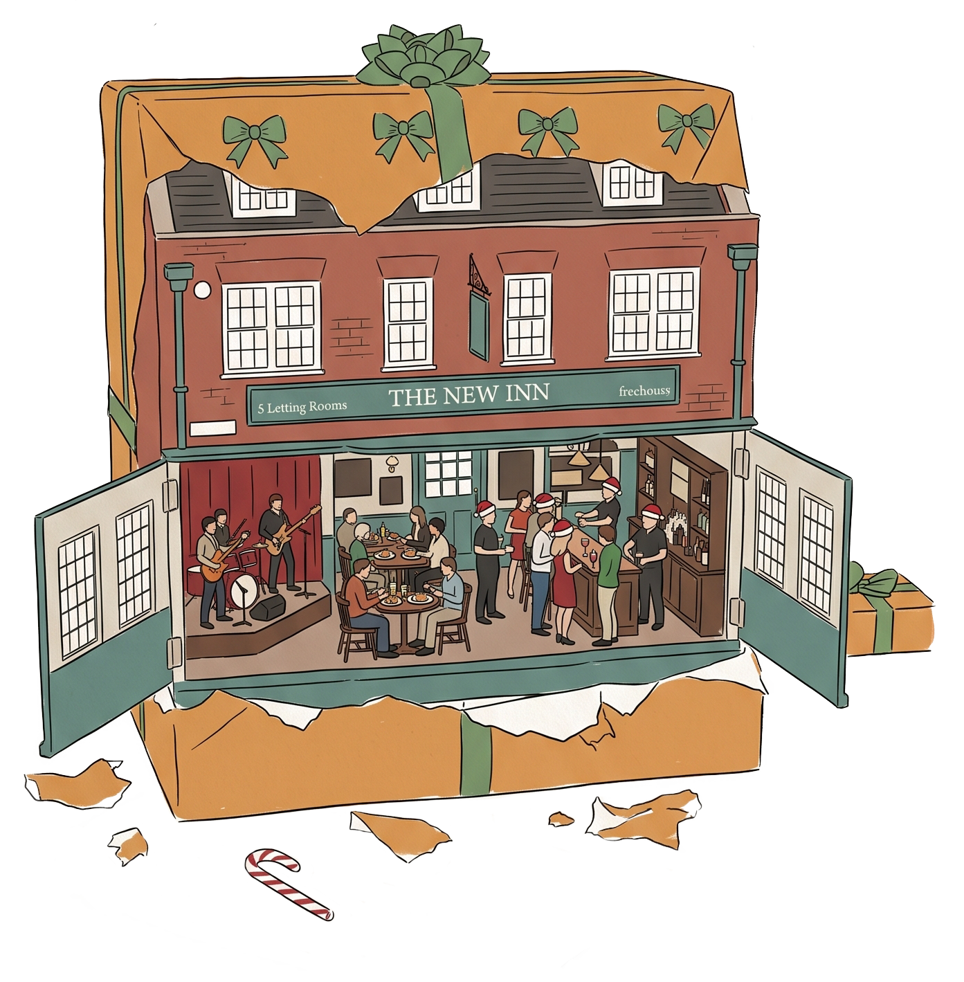 Cross-section of a cozy pub with people celebrating Christmas, musicians playing on a small stage, and staff serving drinks, decorated for holiday festivities.