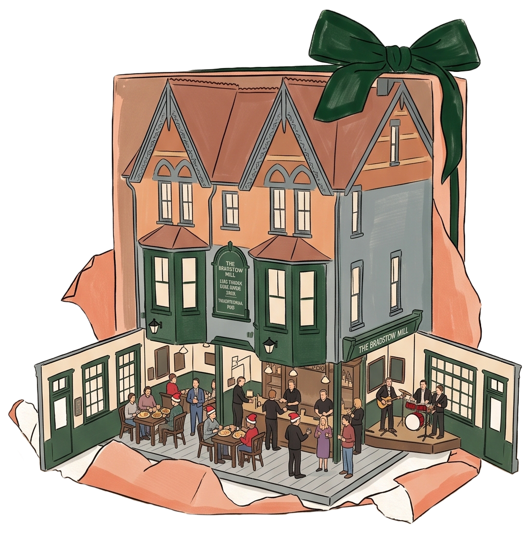 A detailed illustration of a miniature house with a pub on the ground floor, hosting a celebration with people, musicians playing on a stage, and Christmas decorations, including a large green bow on the roof.
