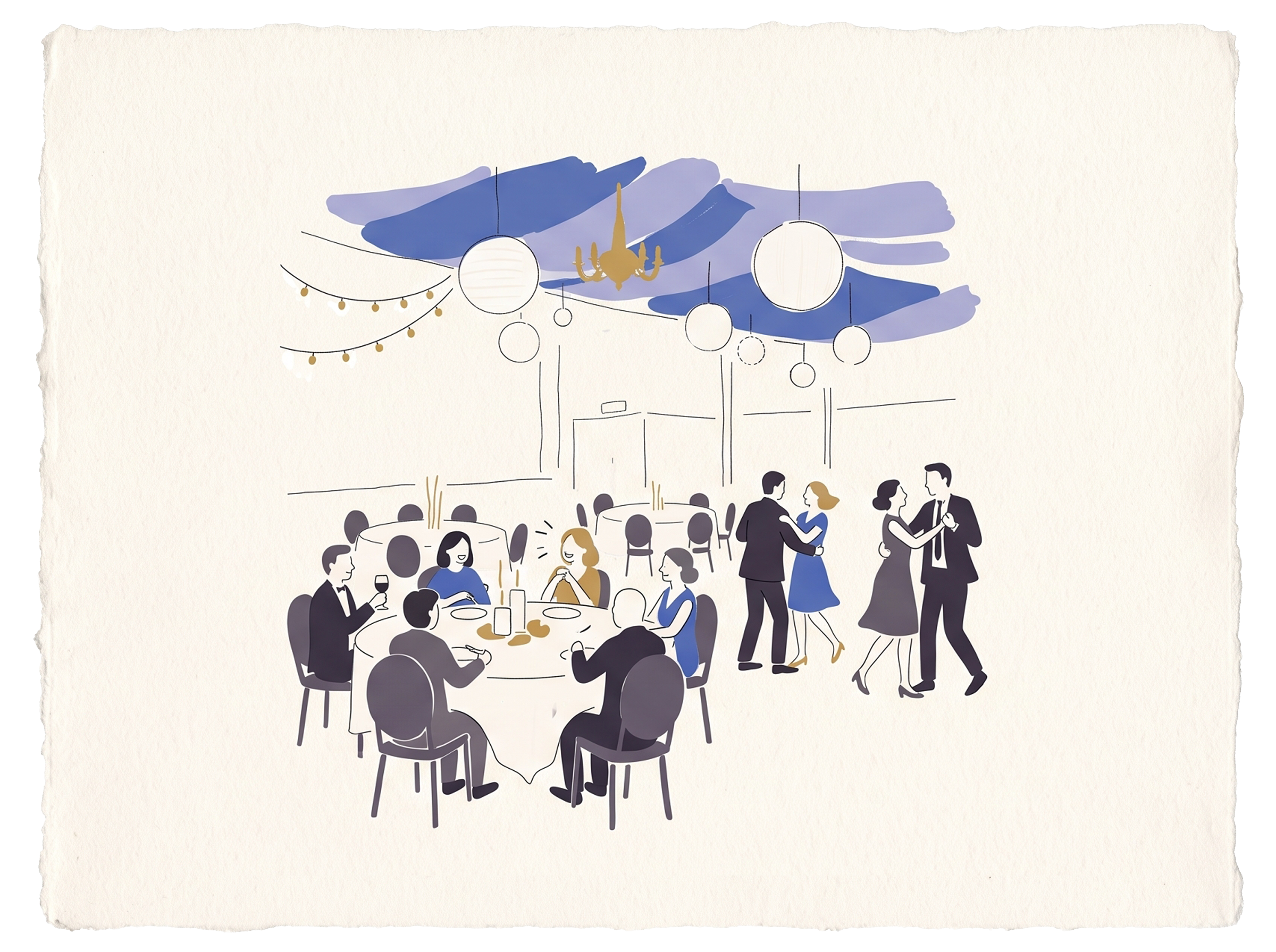 Illustration of people at a social gathering or party with decorated ceiling, some sitting at tables, others standing and dancing.