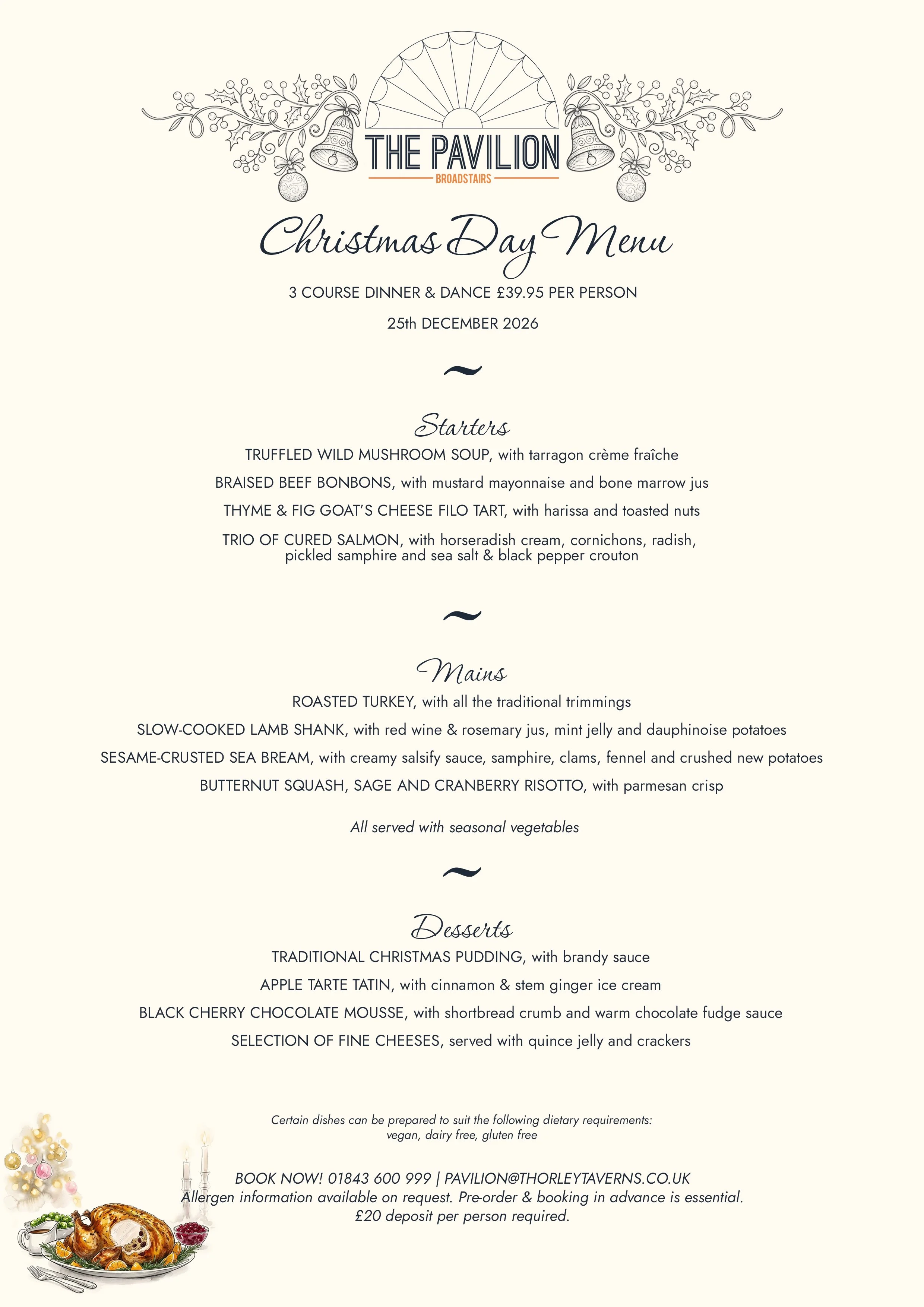 Christmas-themed dinner menu with decorative bells and holly at the top, listing starters, mains, and desserts, along with reservation and dietary information at the bottom.
