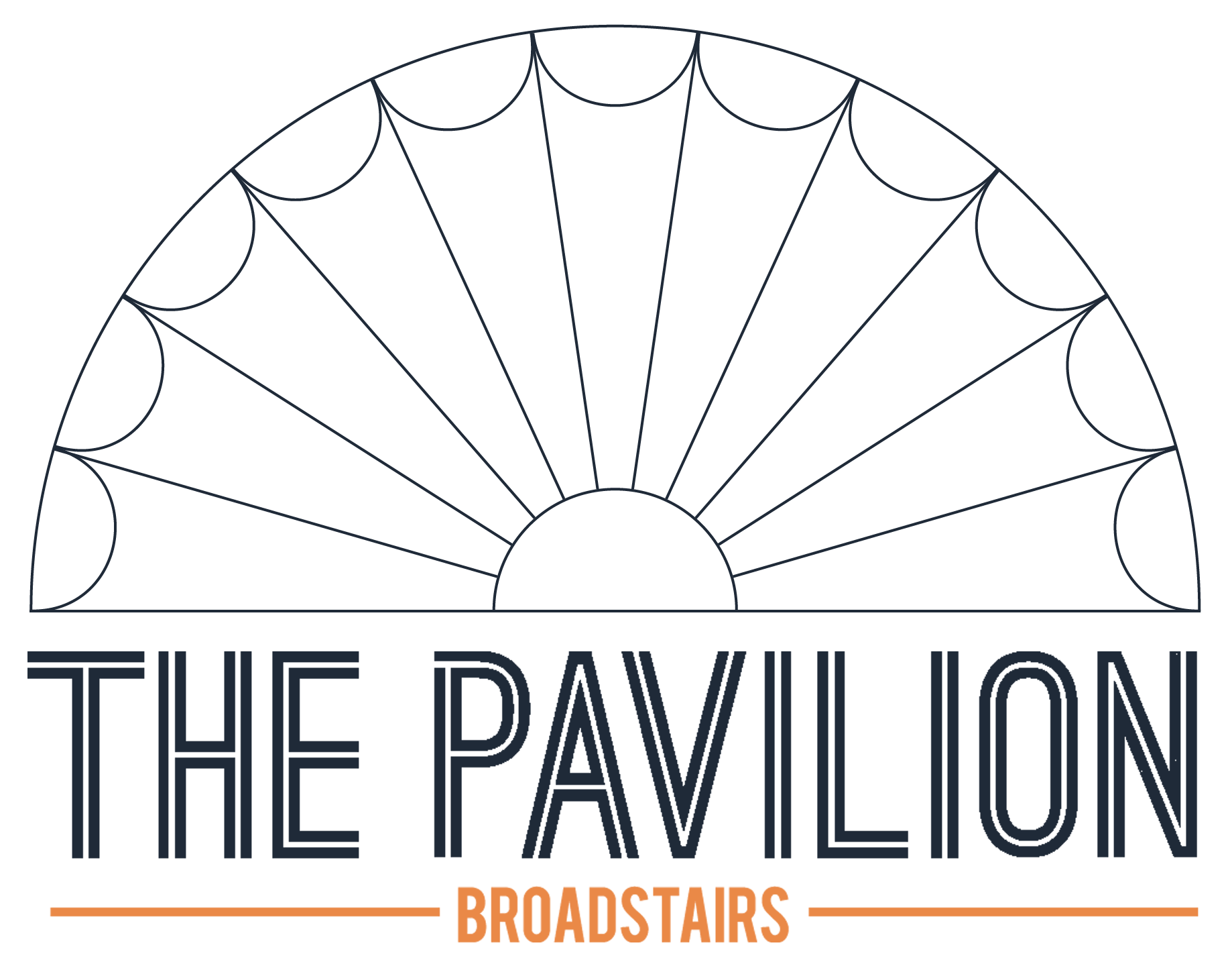 A logo featuring a stylized semi-circular staircase design at the top, with the text 'THE PAVILION' underneath. Below that, there is an orange line, and the words 'PROPER BROADSTAIRS' in orange capital letters.