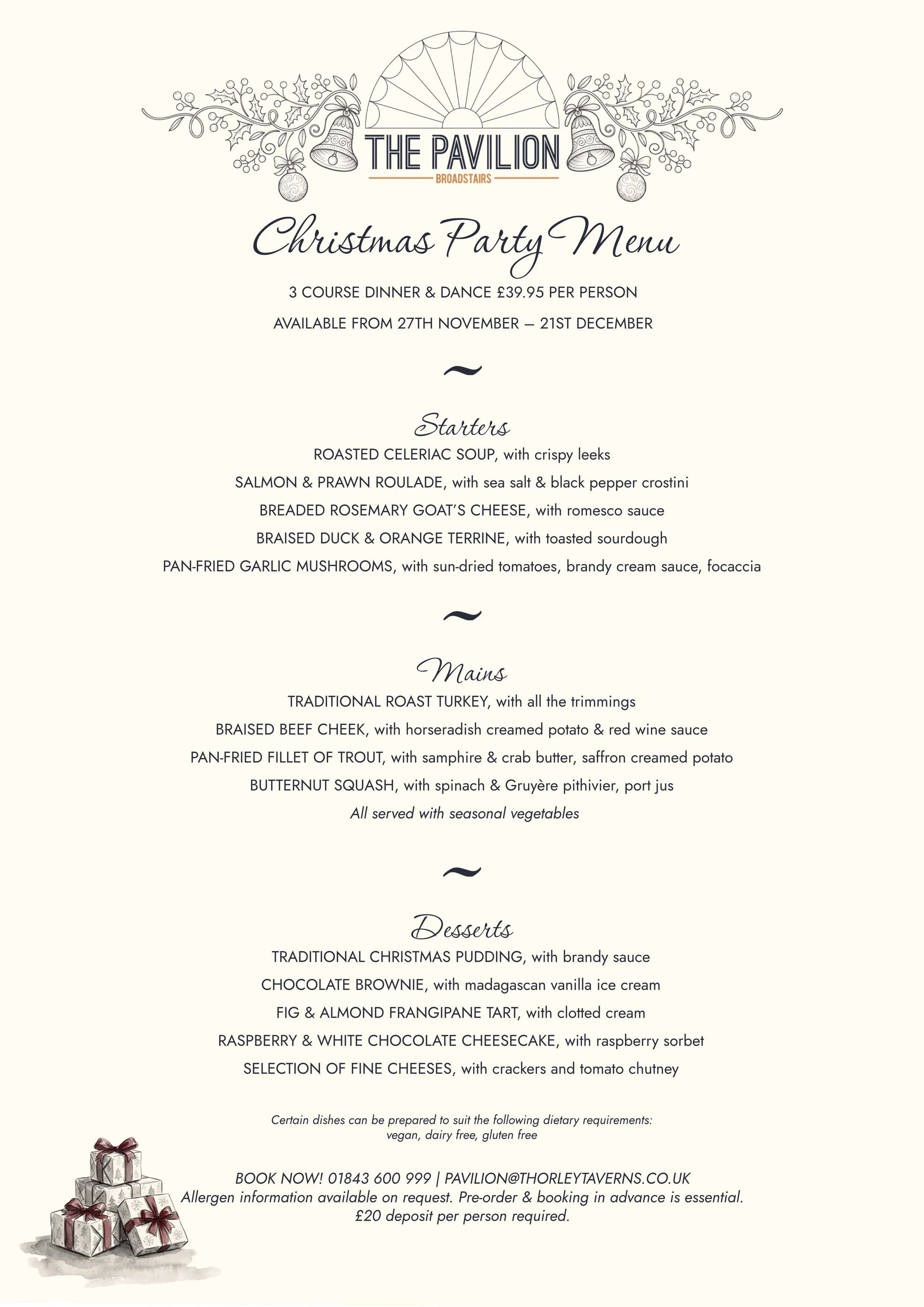 Christmas party menu from The Pavilion, Broadstairs, including starters, mains, and desserts, with festive illustrations of bells, holly, and presents.