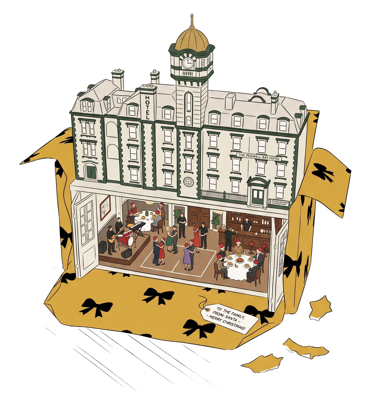 Cut-out illustration of a building transformed into a festive holiday scene, with the upper floors showing a hotel exterior and the interior containing a Christmas dinner and live music performance, all set within a decorative gold and black bow border with a gift tag reading 'To the family, From Santa, Merry Christmas!'