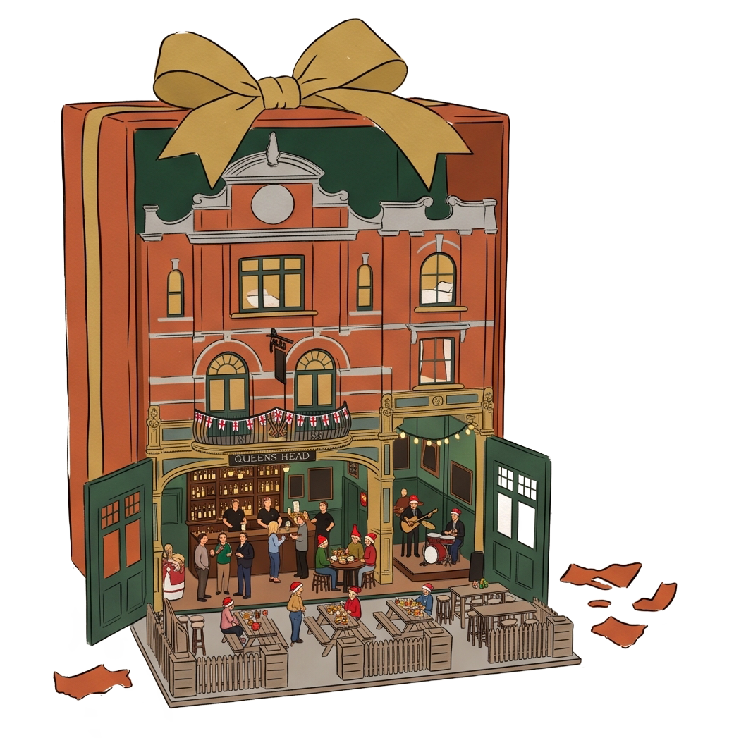 A detailed illustration of a building with a festive scene inside, resembling a pub named Queens Head, decorated for Christmas with people enjoying food, drinks, and live music, including a band with a guitarist, drummer, and Christmas hats.