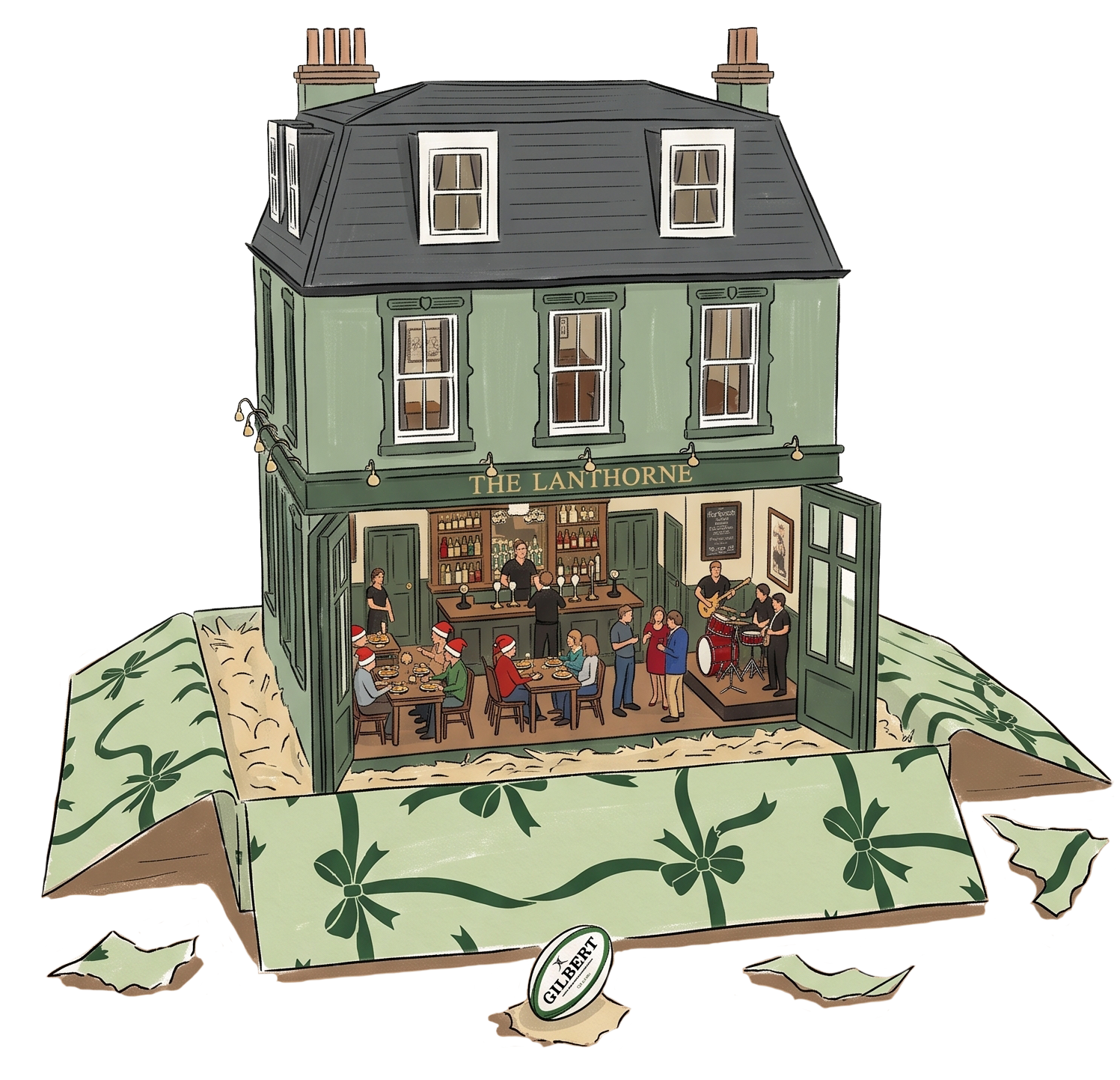 A detailed illustration of a miniature pub called 'The Lanthorne' inside a opened Christmas cracker with torn paper edges, showing people celebrating Christmas, some wearing Santa hats, and musicians playing instruments.