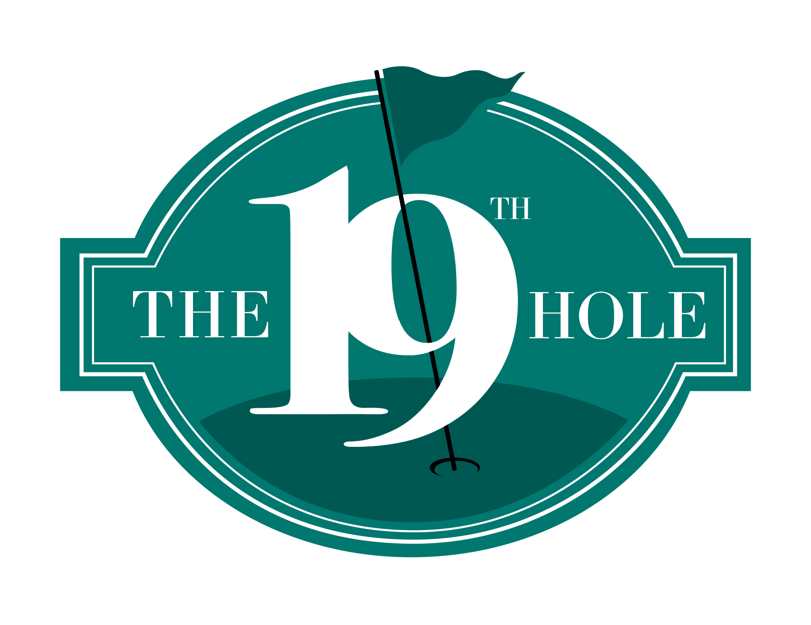 Golf course logo with the number 19 in the center, a golf flag and hole, and text reading "The 19th Hole."