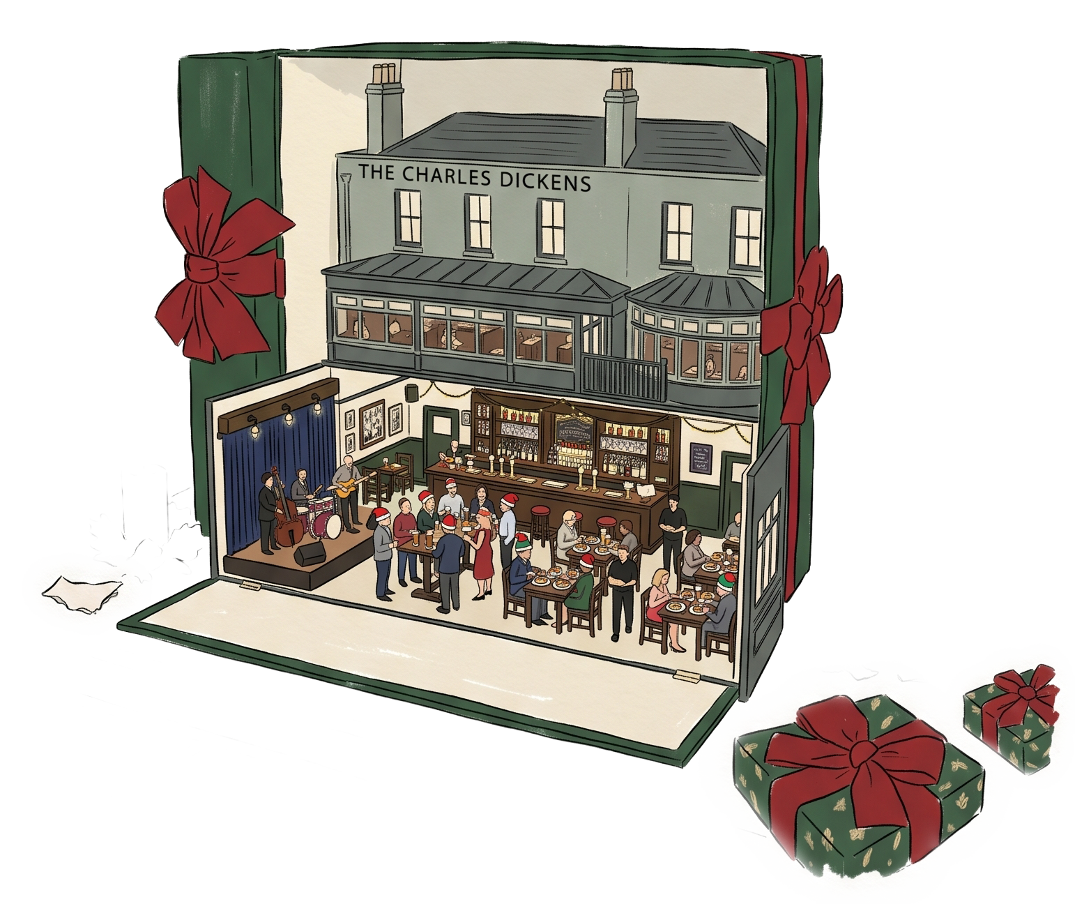 A detailed illustration of a Christmas-themed pop-up card featuring an indoor pub scene with people dining and a band performing on stage, with a backdrop of a building labeled 'The Charles Dickens'.