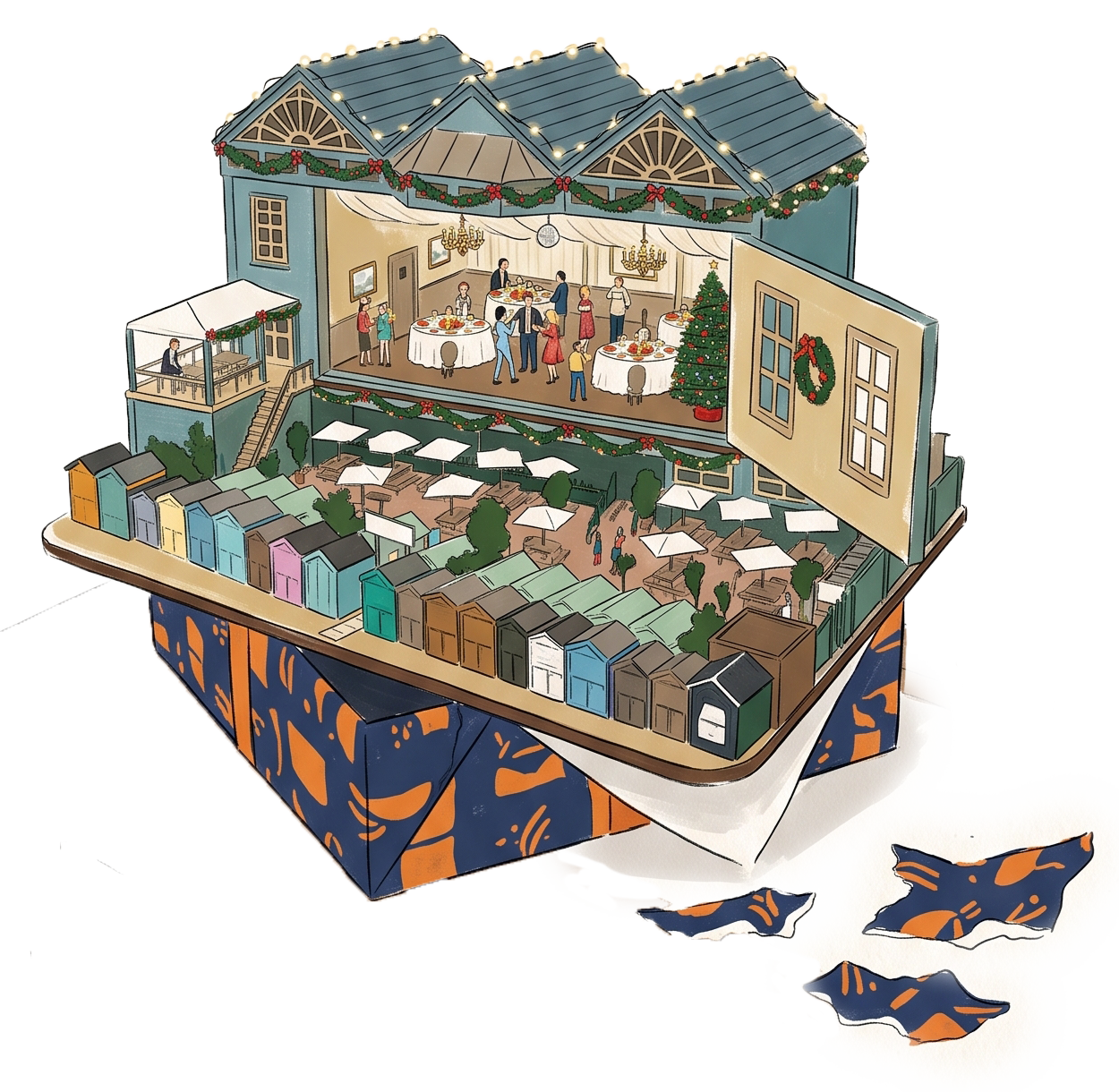 A layered Christmas scene featuring a festive restaurant or event space with holiday decorations and people dining inside, a patio with umbrellas and tables, and colorful mailboxes. The scene is inside a large wrapped gift box with torn wrapping paper on the floor.