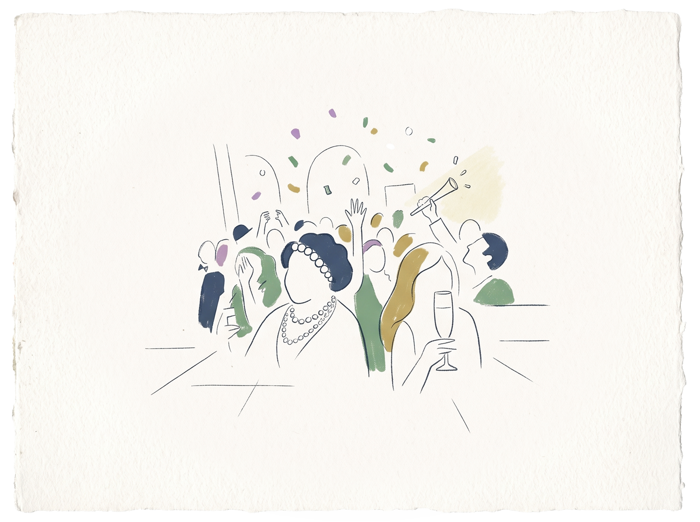 Illustration of a group of people celebrating at a party, with confetti in the air, some holding drinks, and a person playing a trumpet.