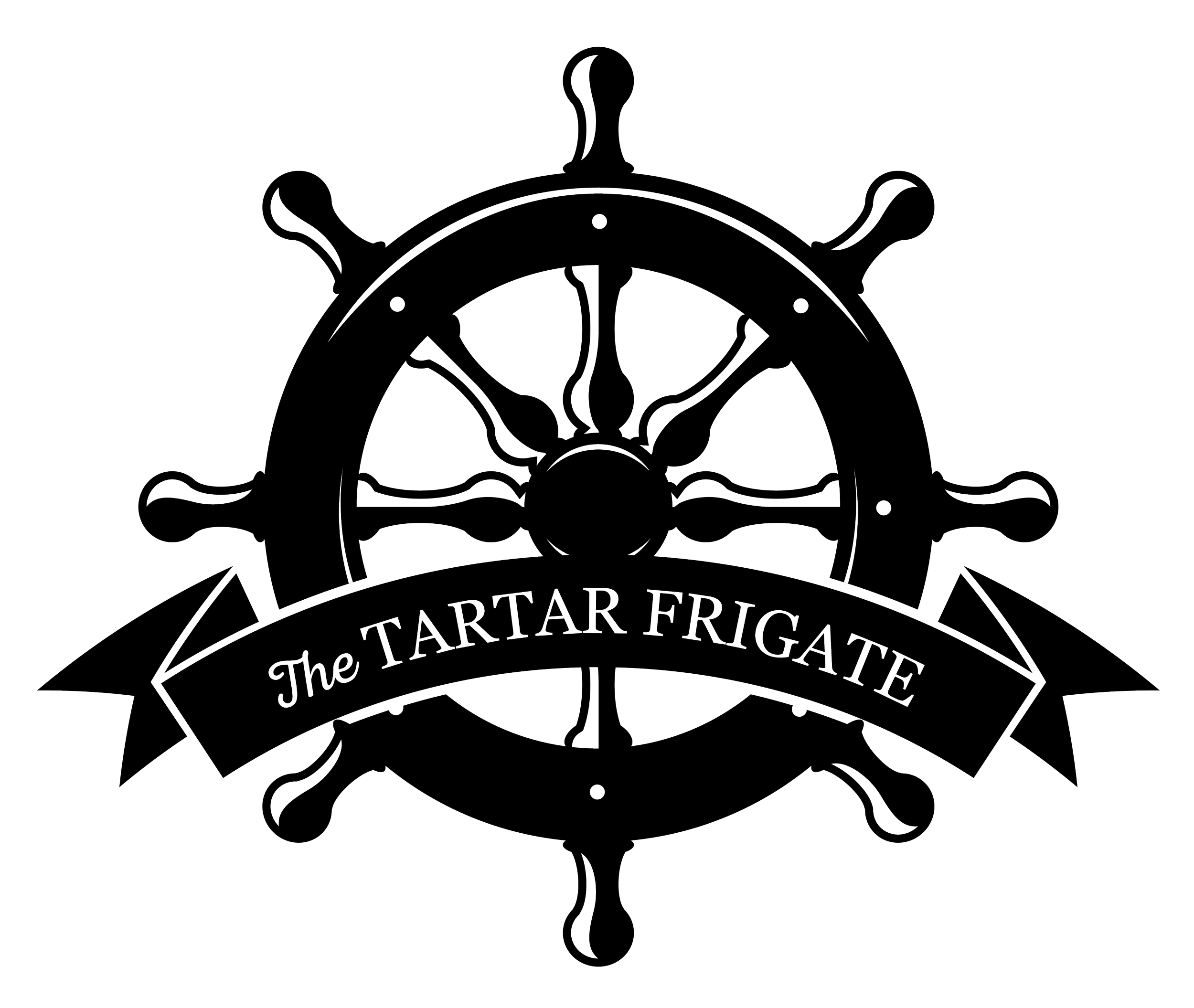 Line art of a ship's steering wheel with a banner below reading 'The Tartare Fregate' and a small drop-shaped sinker hanging below.