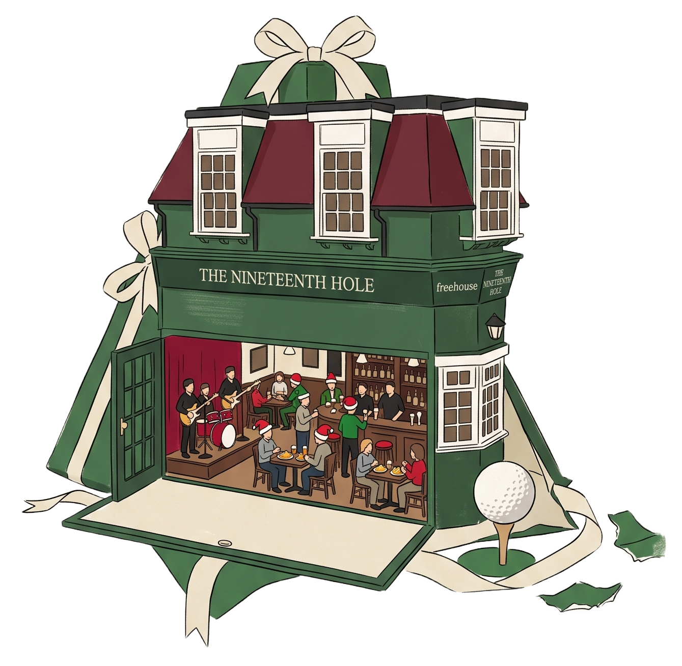 A holiday-themed illustration of a building labeled 'The Nineteenth Hole' with a golf ball on a tee in front. The building resembles a house with a band playing music inside, bar area, and people wearing Christmas hats, enjoying drinks and food.