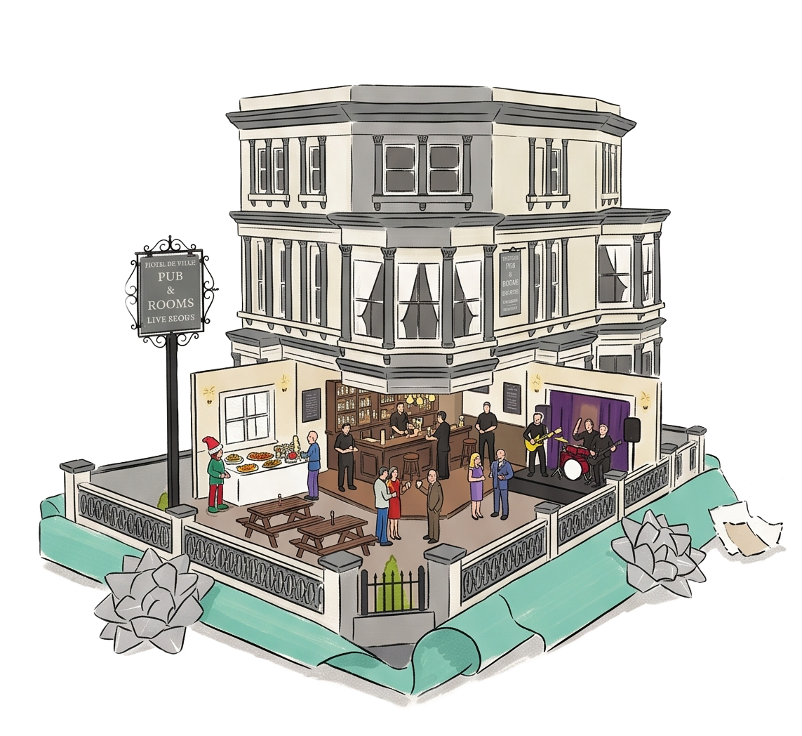 A festive building with two floors hosting a pub and live music. The ground floor has tables, a bar, and a Christmas-themed character, with people socializing and a band playing on the stage. The exterior has a sign for pub and rooms, and Christmas decorations with snow.