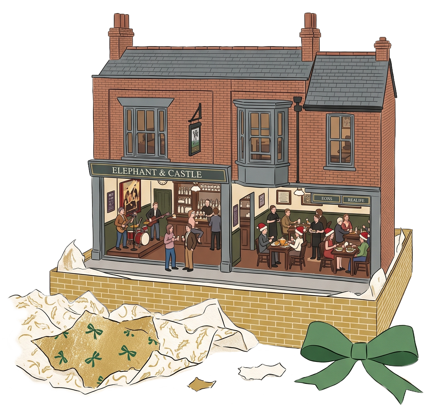 A cutaway illustration of a two-story brick pub named 'Elephant & Castle,' showing patrons inside enjoying music, drinks, and food, with a live band performing on a small stage, and snow-covered ground with a large gold-wrapped gift with a green bow in the foreground.