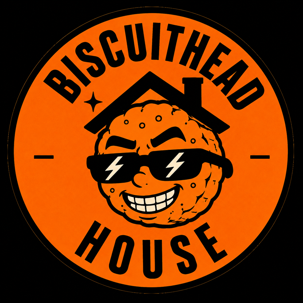 A circular logo with an orange background and black text that reads 'BISCUITHEAD HOUSE'. The center features a cartoon biscuit character with a smiling face, wearing sunglasses with lightning bolt designs, and a house roof on its head.