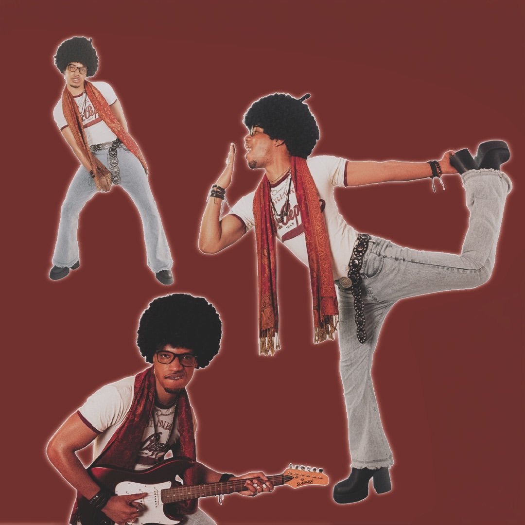 A collage of three images of a young man with an afro hairstyle, glasses, and casual vintage clothing, set against a dark red background. In the first, he stands with hands on hips, in the second, he is balancing on one leg doing a yoga pose, and in 