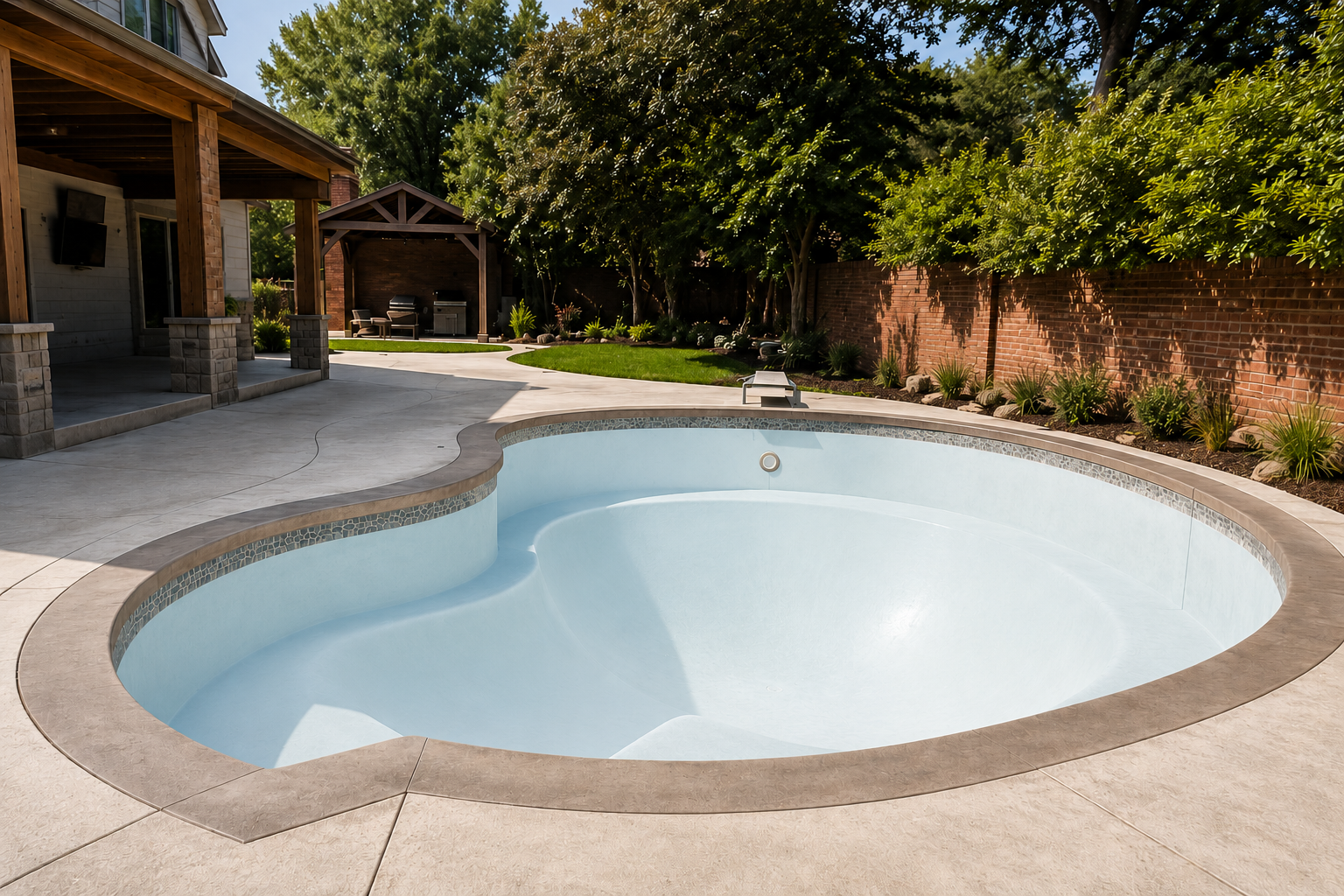 Empty backyard swimming pool with curved shape, surrounded by beige concrete deck, with green trees, a red brick wall, and a covered patio area with seating in the background.