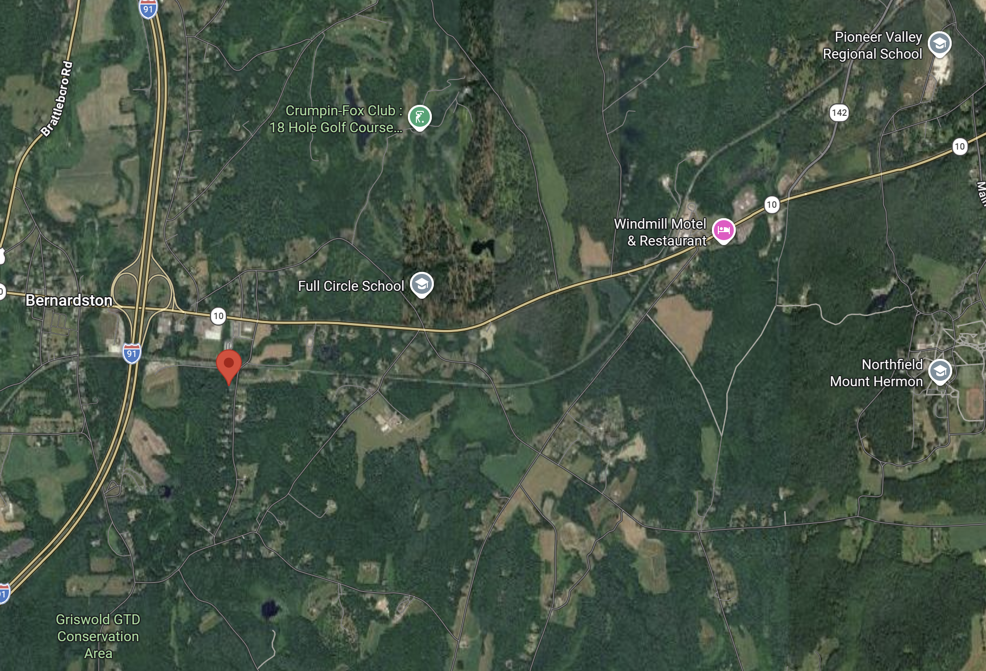 Satellite map showing 20 Merrifield Road in Bernardston, MA, near I-91, Northfield Mount Hermon and surrounding Pioneer Valley destinations.