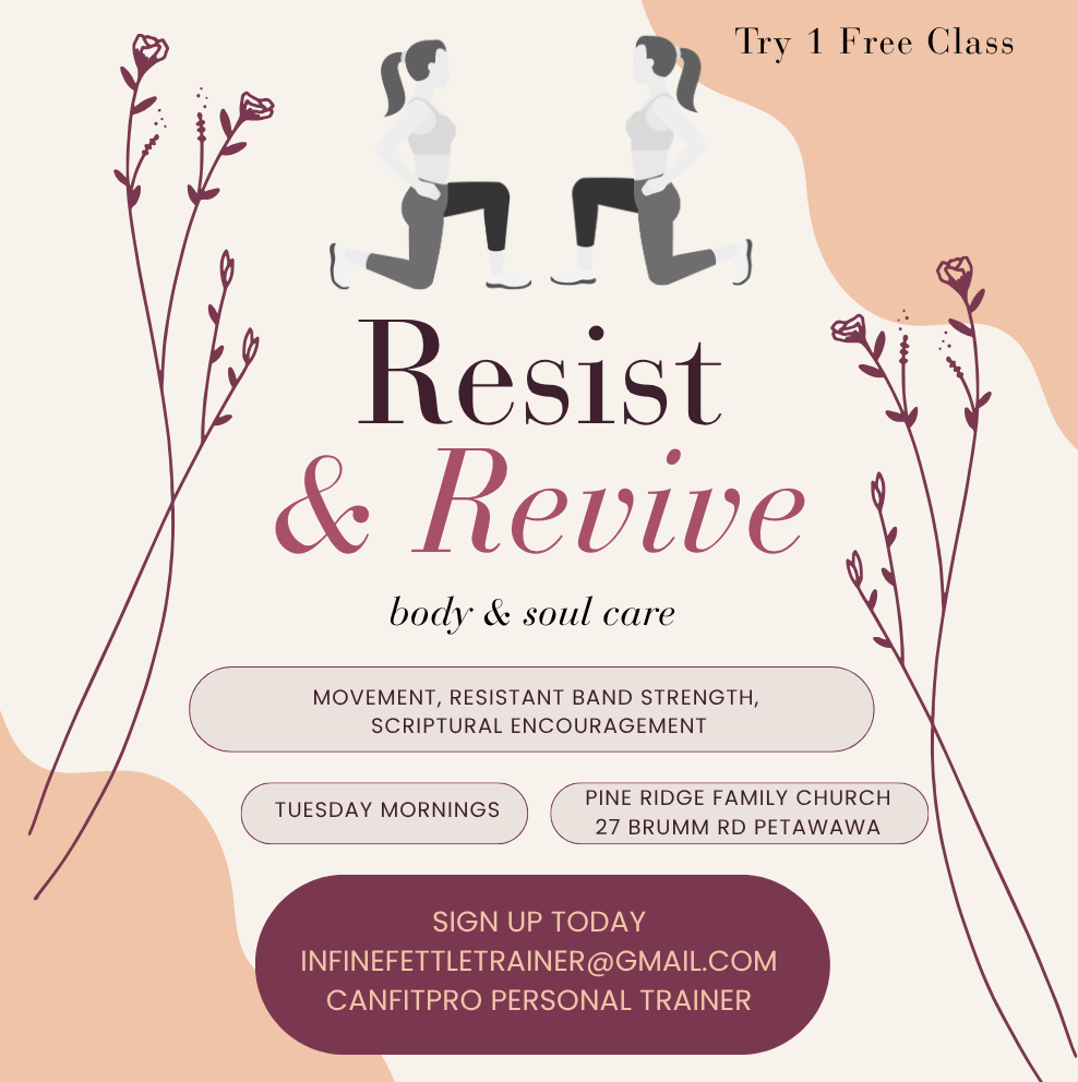 Flyer for Resist & Revive body & soul care class featuring two women practicing knee exercises, with floral illustrations, offering a free class on Tuesday mornings at Pine Ridge Family Church, including contact information for sign-up.