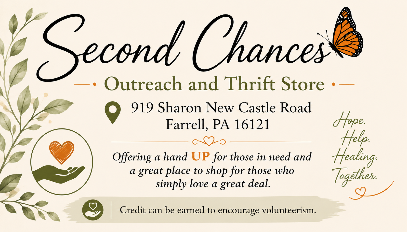 Flyer for Second Chances Outreach and Thrift Store at 919 Sharon New Castle Road, Farrell, PA 16121, with a butterfly, green leaves, and a heart symbol, promoting community help and volunteerism.