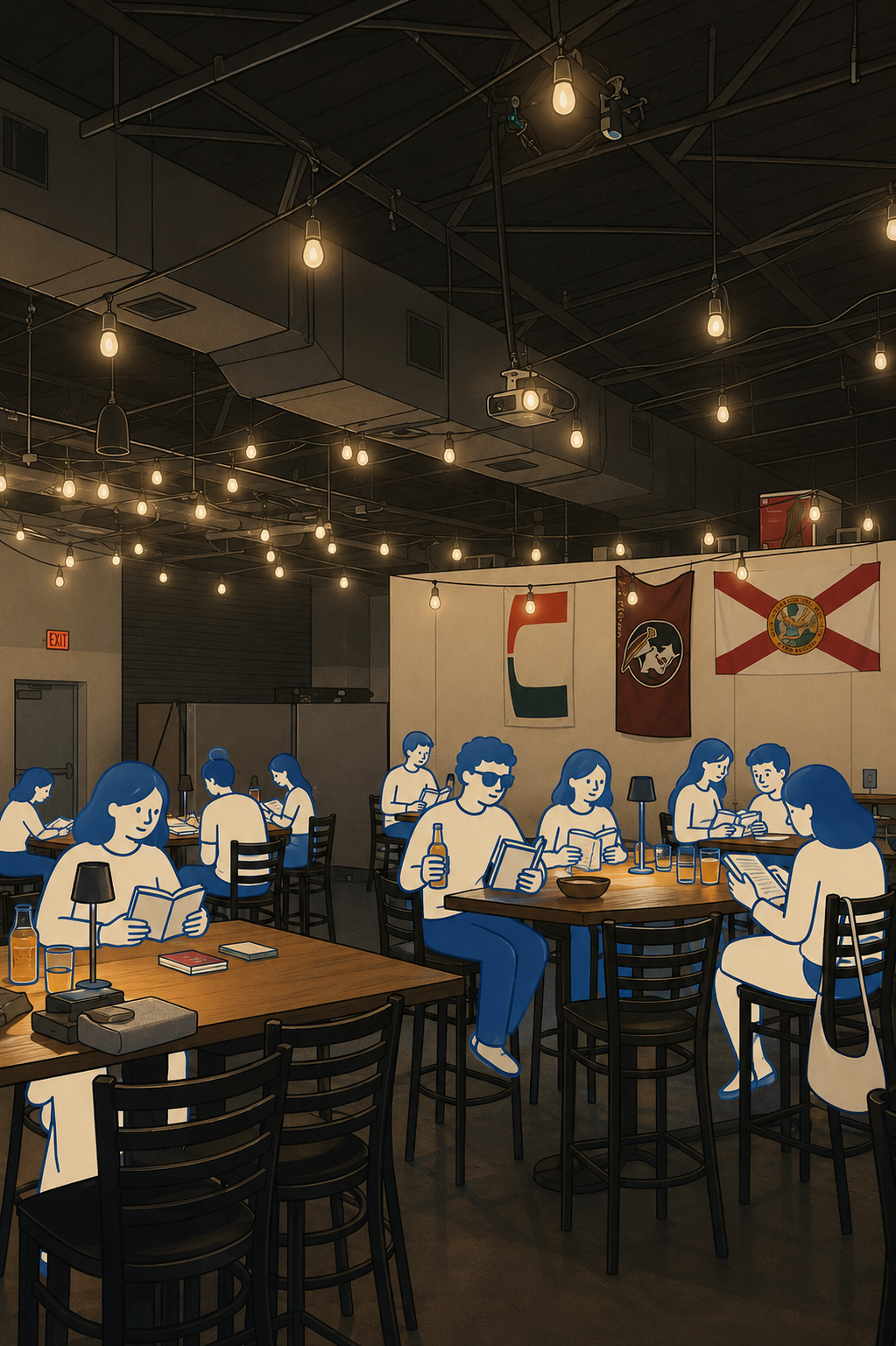 Illustration of a bar or pub scene depicting cartoon-style people with normal skin tones sitting at tables, reading, drinking, or using laptops. The setting has string lights hanging from ceilings and flags on the back wall, with a dim, warm lighting atmosphere.