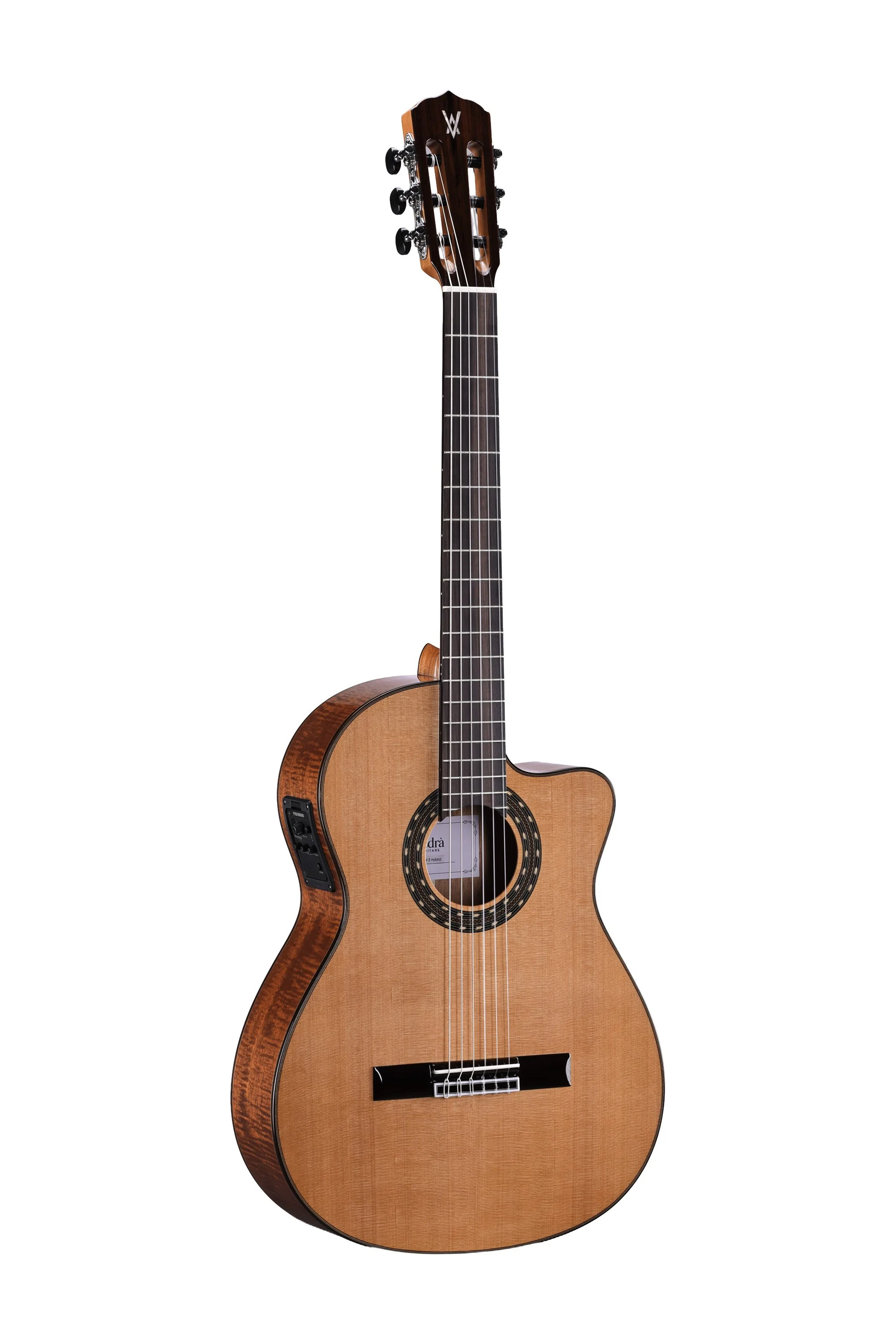 Vedra Model 5 Hybrid guitar, angled view of body and neck