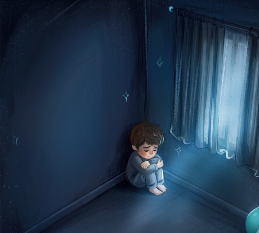 A young boy sitting alone in a dark corner of a room, hugging his knees, looking sad or scared, with a window and curtains behind him.