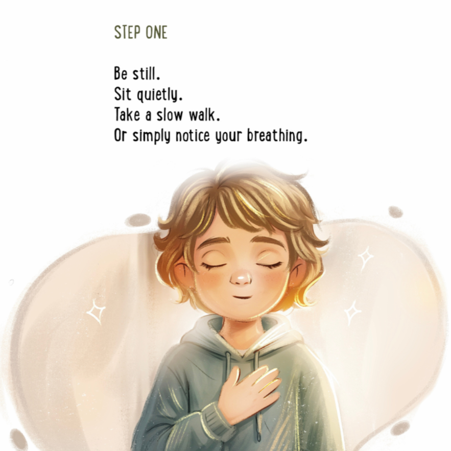 A person sitting with a hand on their chest, eyes closed, appearing calm and peaceful, with softly glowing background and sparkles.