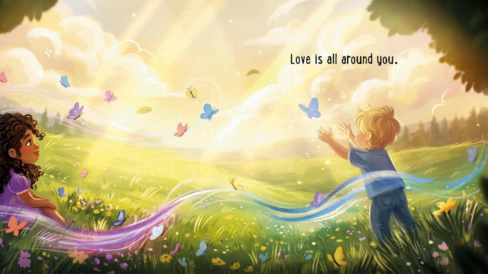 Illustration of a boy and girl in a vibrant field with butterflies, sunlight, and clouds, accompanied by the text "Love is all around you."