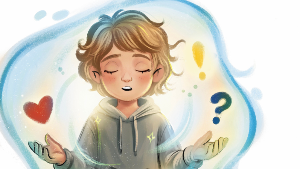 A young person with short, wavy hair in a gray hoodie, eyes closed, appears to be thinking or confused, with floating symbols of a heart, a question mark, and an exclamation mark around them.