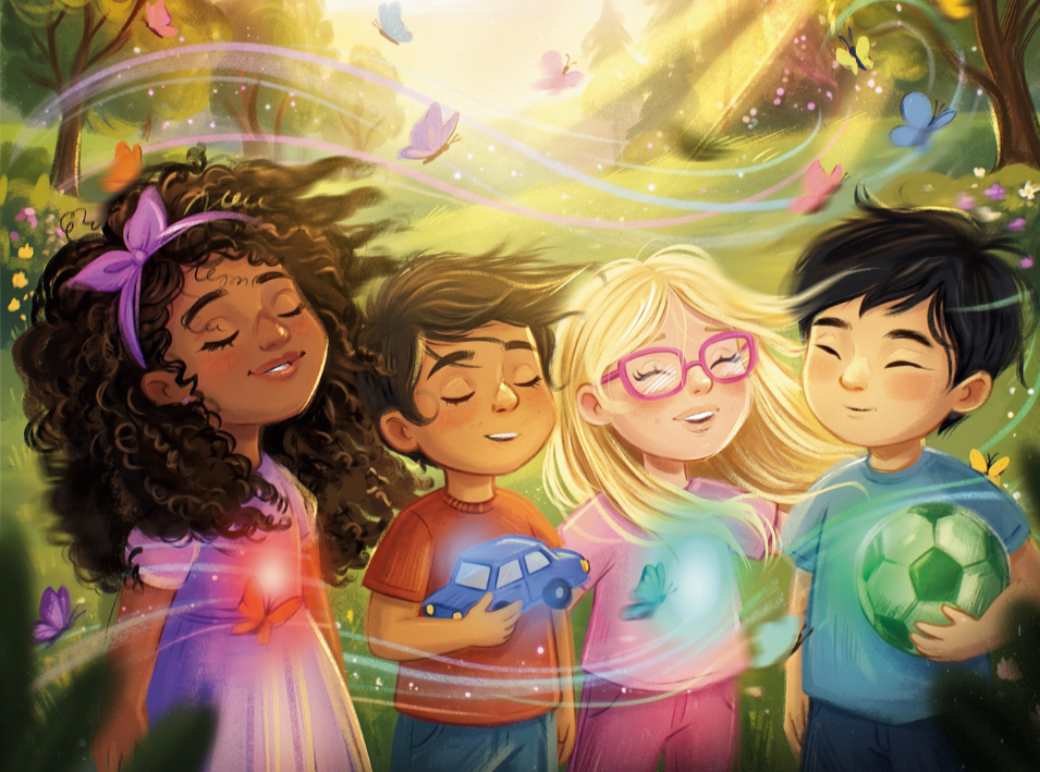 Four children with closed eyes enjoying a magical, colorful forest with butterflies and swirling lights, holding toys, with sunlight shining through trees.