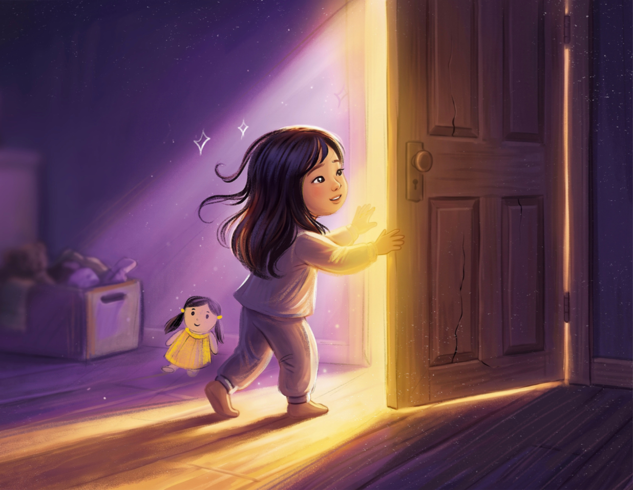 A young girl with long dark hair opening a slightly cracked door that glows with warm light, revealing a bright, starry night sky. A doll with pigtails in a yellow dress stands behind her in a dimly lit room.
