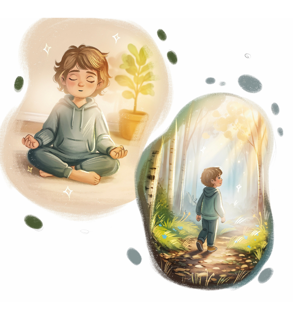 A digital illustration of a boy in two scenes: one meditating indoors with a potted plant and soft sunlight, and another walking outdoors in a forest during autumn with golden sunlight filtering through trees.