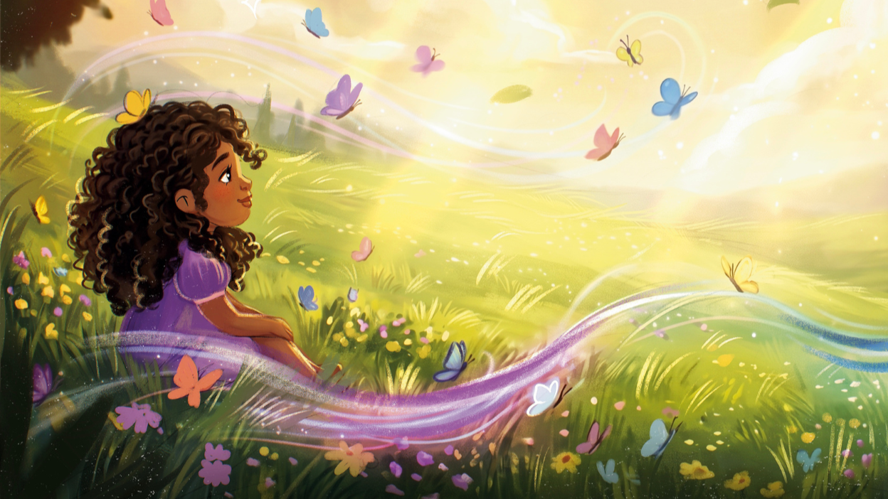 A young girl with curly hair sitting in a colorful meadow surrounded by butterflies, with the sun shining through the sky.