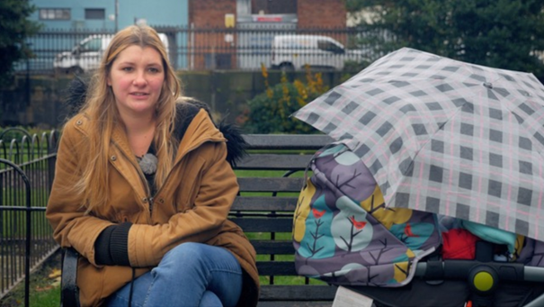 One mother is being interviewed and filmed near the St. Luke’s Bombed Out Church Gardens, in Liverpool, UK. Picture credit: James Alcock Films Ltd.