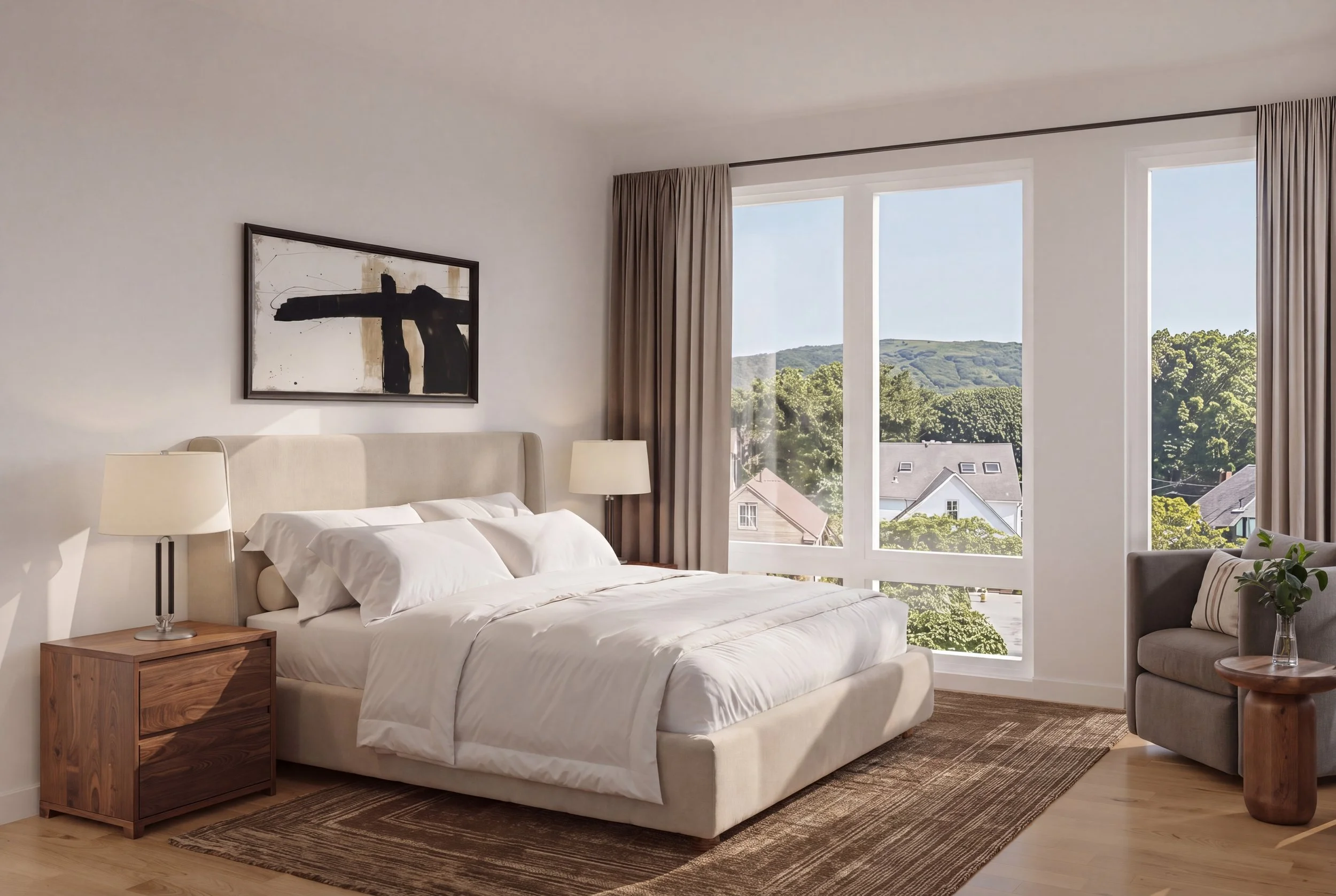 Bedroom rendering of luxury apartment in Melrose, MA.