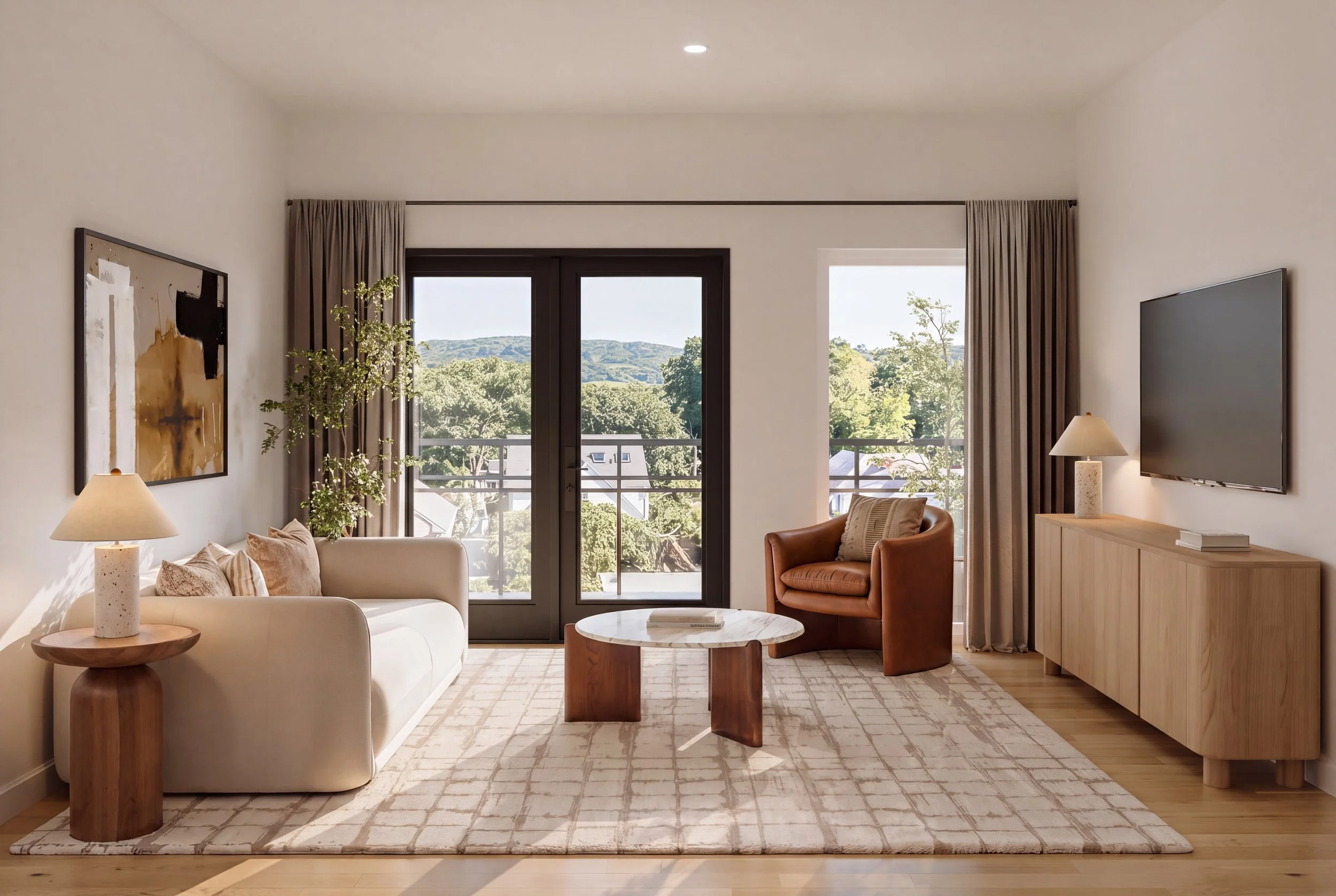 Living room rendering of luxury apartment in Melrose, MA.