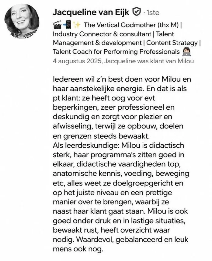 LinkedIn profile of Jacqueline van Eijk, a industry connector and talent management coach, with a professional headshot and a summary in Dutch about her qualities and skills.