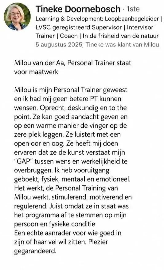 A social media profile of Tineke Doornbos, a personal trainer and coach, with her profile picture showing a smiling woman with glasses and short hair. The profile describes her expertise in personal training and her appreciation for Milou, her personal trainer.