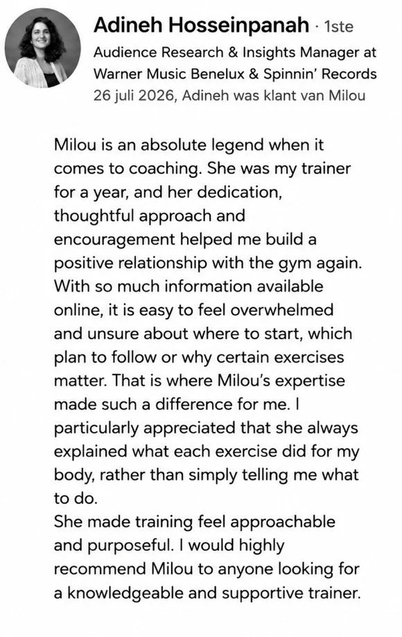 Screenshot of a LinkedIn post by Adineh Hosseinpanah praising Milou, her trainer, for her supportive coaching style and expertise in fitness training.