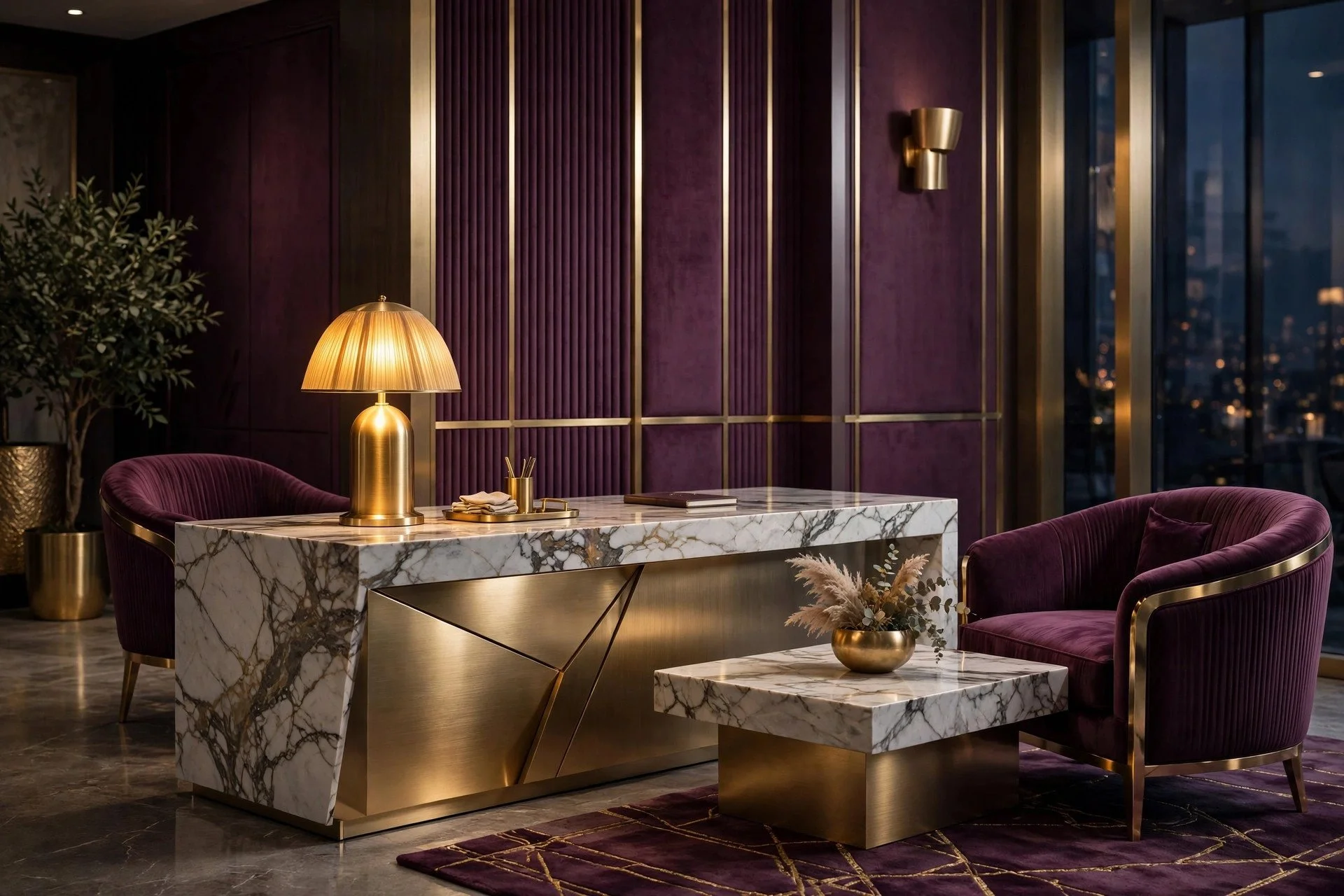 Contact hero image — deep plum and brushed gold luxury abstract background