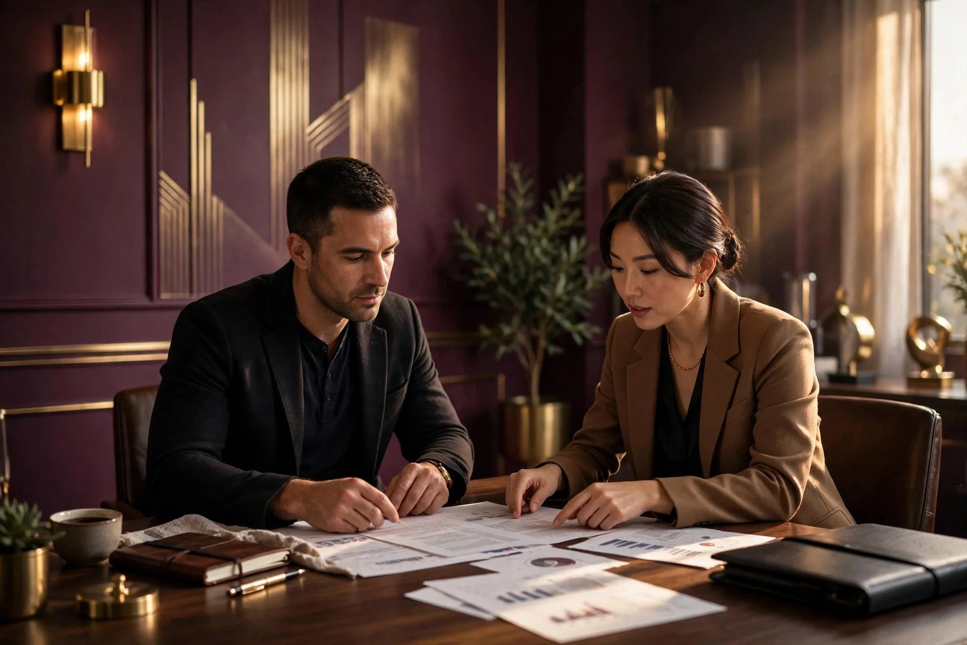 Two founders reviewing business strategy documents in a deep plum office with gold accents
