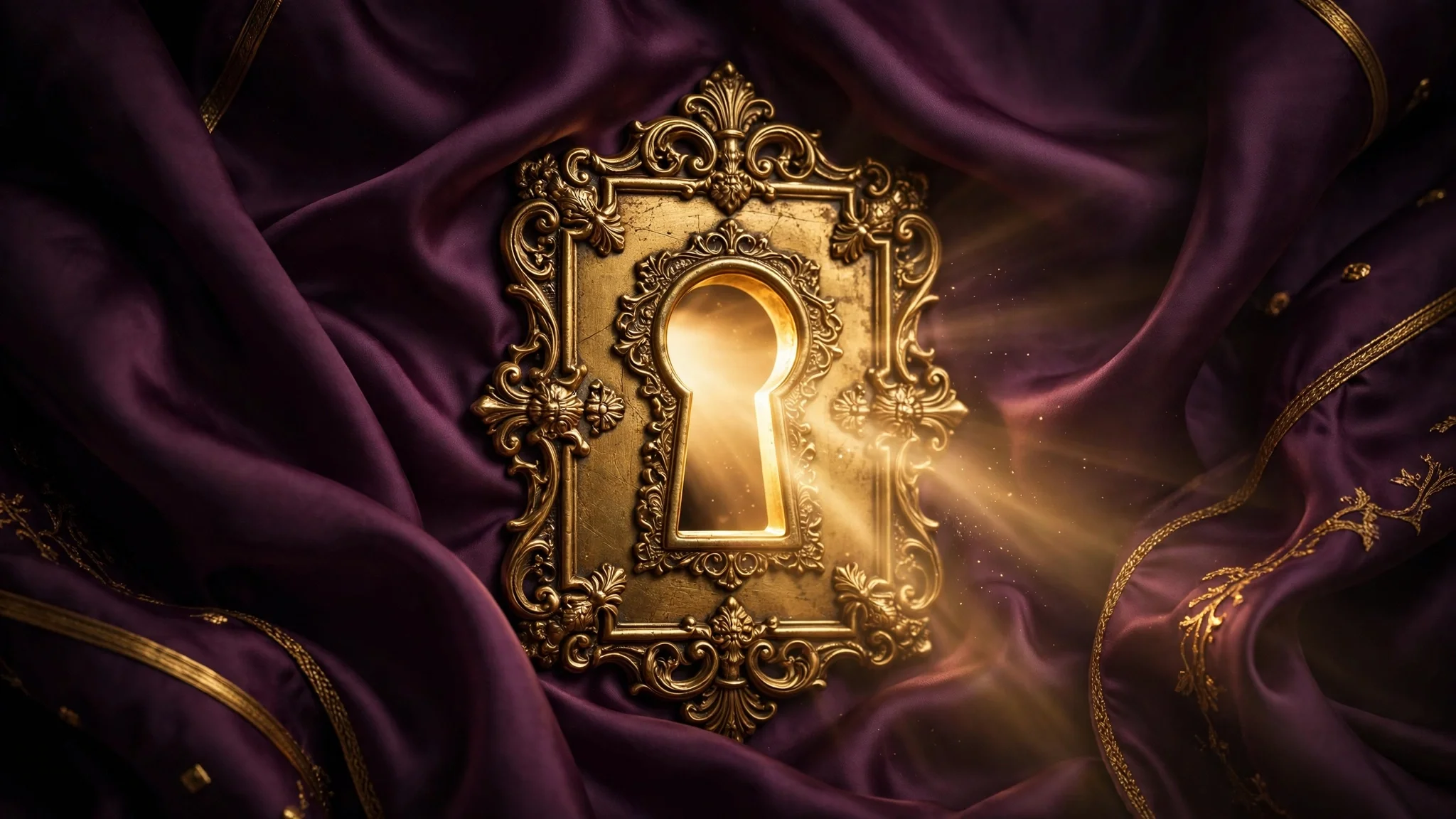 Gold keyhole emblem on deep plum silk fabric