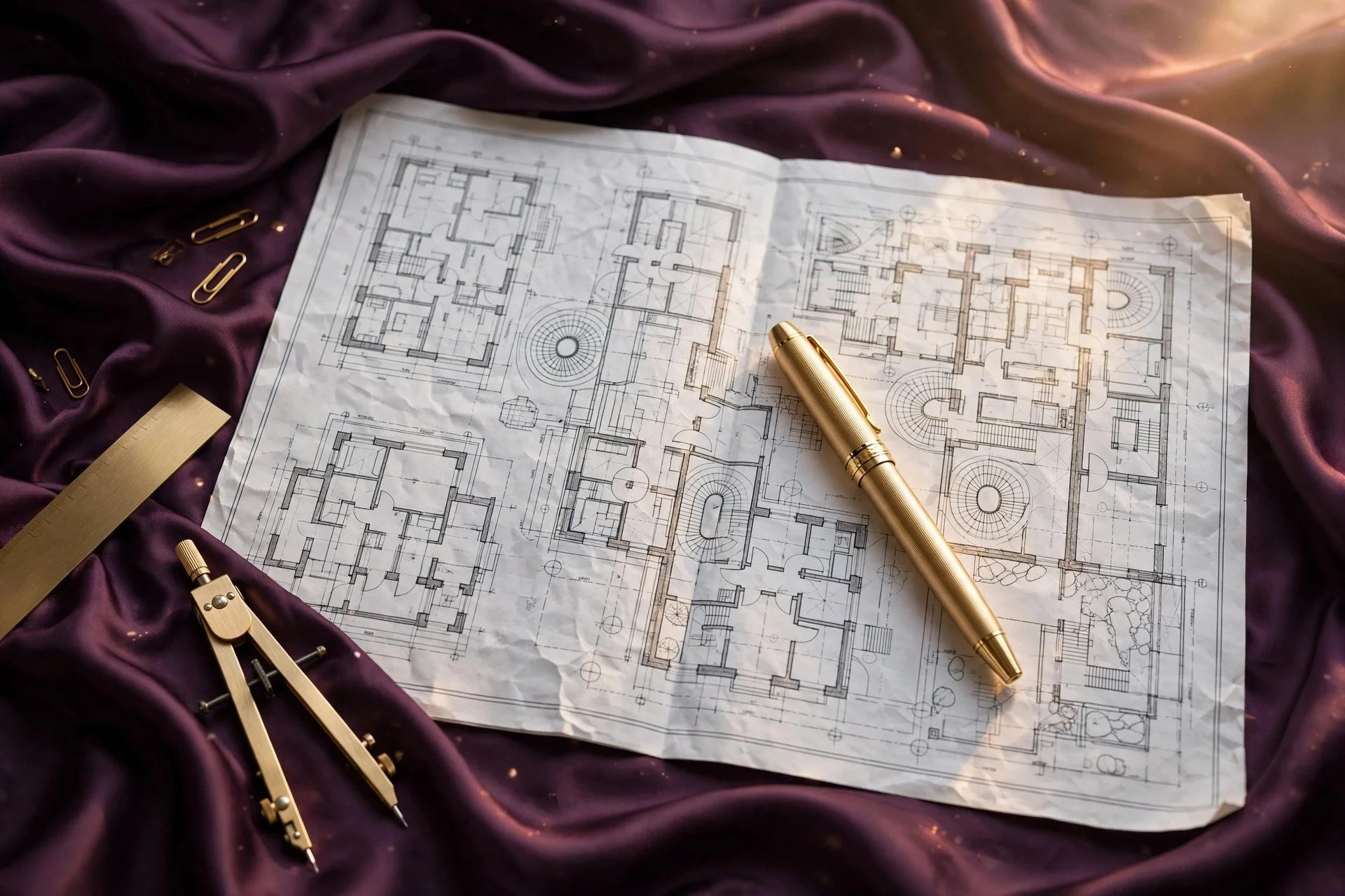Business ownership blueprint spread on a deep plum silk desk with a gold fountain pen