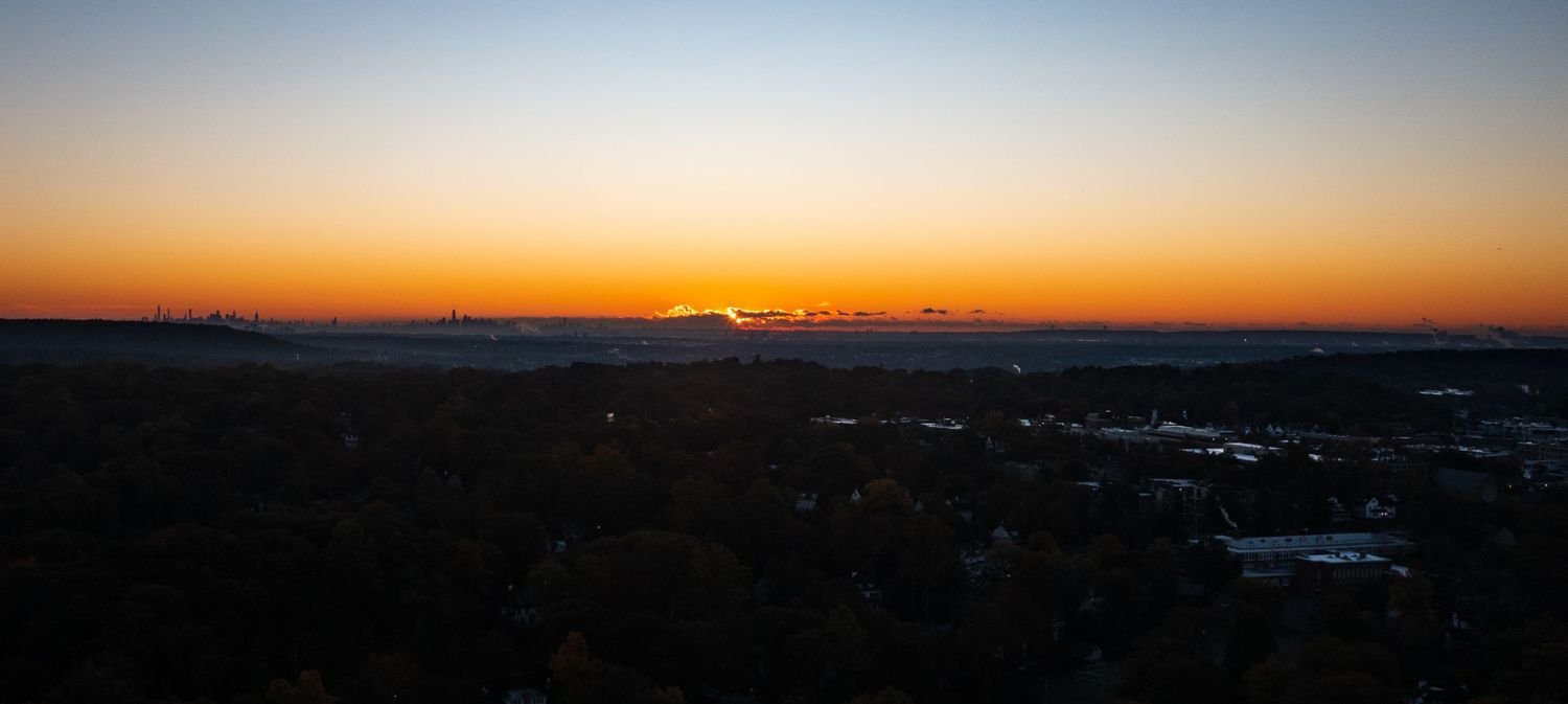 Sunset over a distant city skyline with a dark forested foreground