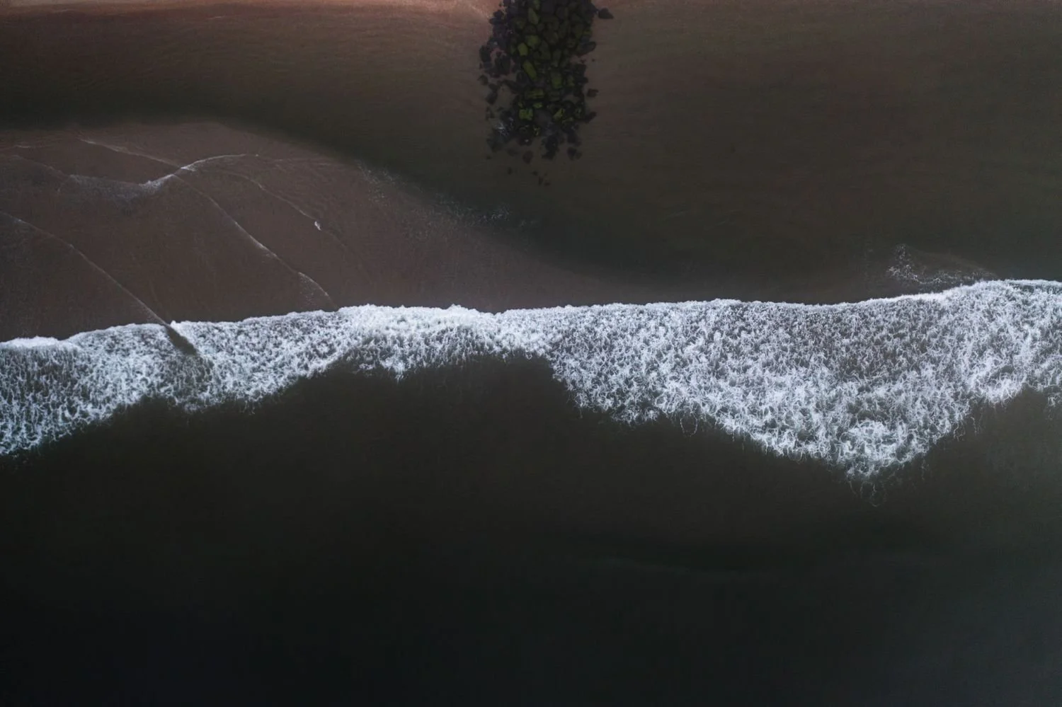 An aerial view of ocean waves crashing onto a dark sandy beach with a small cluster of plants at the top of the image.