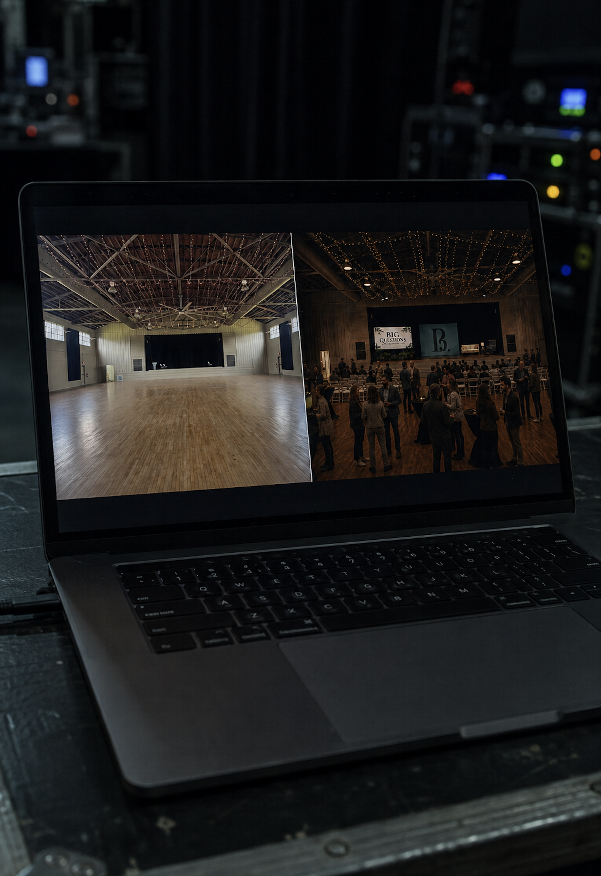A laptop screen showing two images of an indoor event space with a stage and people gathered, one with a wooden floor and the other with a large screen and attendees.