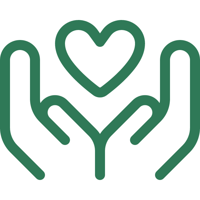 Line drawing of two hands gently holding a heart.