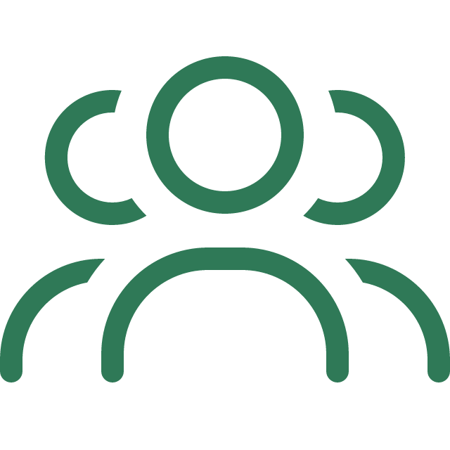 A stylized icon of a group of three people, represented with green outlines on a black background.