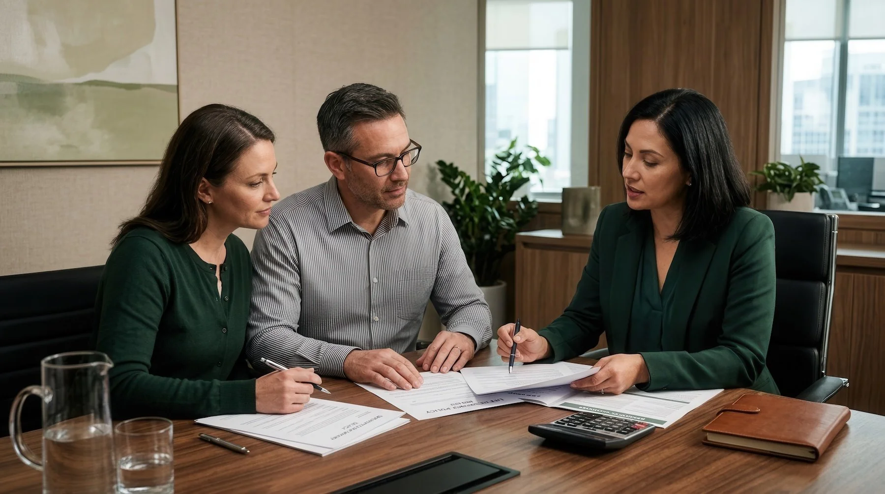 Three business professionals, two women and one man, sitting at a conference table in a modern office, reviewing documents.