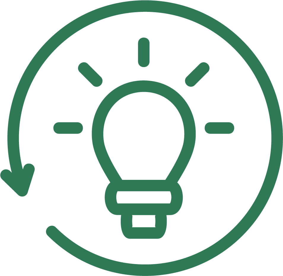 A graphic icon of a light bulb with a circular arrow around it, symbolizing renewable energy or eco-friendly ideas.